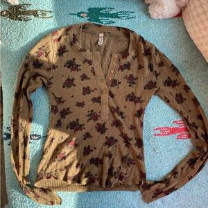 Free People Intimately One of the Girls Floral Olive Button Up Henley